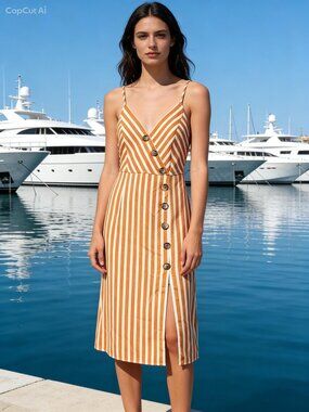 FOTEISY Dress Beige White Striped Dress Tie Back Spaghetti Straps SMALL